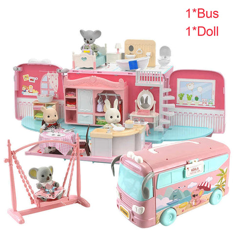 Dollhouse Koala Diary Girl Play House Toy Diy Tour Bus Bedroom Dresser Dining Kitchen Bathroom Shop Pretend Family Toys Girls