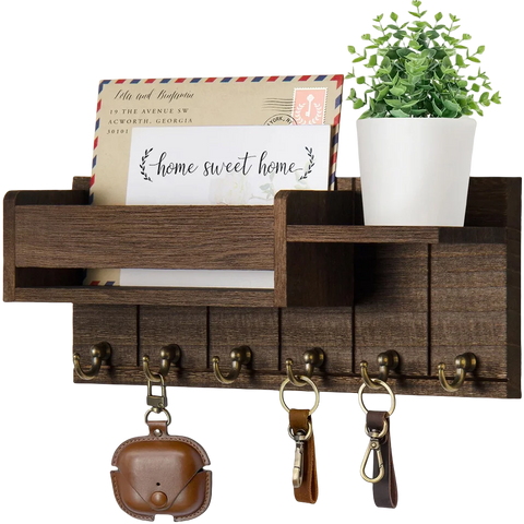 Decorative Key Rack and Mail Organizer with 6 Key Hooks Rustic Wood Key Holder Wall Mounted with Shelf for Living Room Enterway