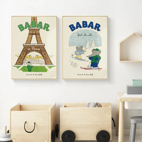 Cartoon Elephant Babar Family Car Cute Yoga Anime Poster and Prints Canvas Printing Wall Art Picture for Kids Room Nursery Decor