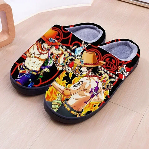 ONE PIECE Cartoon Warm Plush Cosplay Slippers Couple's Indoor Non-slip House Slides Men And Women Toe Wrap Home Cotton Shoes