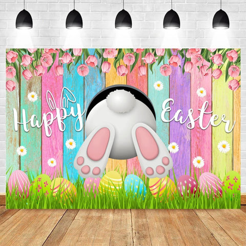 Happy Easter Backdrop for Photography Spring Easter Rabbits Colorful Eggs Forest Flower Fence Background Photo Studio Props