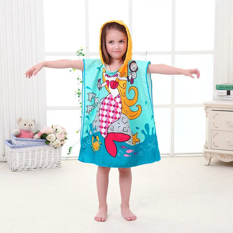 80-130cm Kids Hooded Bath Beach Poncho Towels Baby Quick Dry Bathrobe Child Cartoon Poncho Towels Microfiber Swim Cover-ups