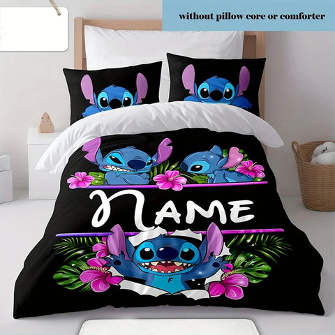 Personalized Anime Stitch Duvet Cover Set - Soft,Polyester with Zipper Closure 2 Pillowcases Included - Customizable with Name