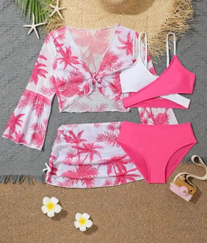 Girls 4pack Coconut Palm Print Bikini Sets with Beach Skirt&Long Sleeve Crop Top Kids Swimsuit 7-12 Years Children's Swimwear