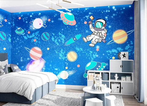 Custom 3D Wallpaper Mural Astronaut Cartoon Kids Room Background Earth Universe Pintado De Pared - Personalized Wall Art