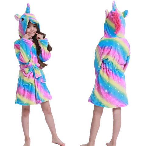 Boys Girls Hooded Bathrobe Toddler Unicorn Anime Cartoon Towel Beach Children's Sleepwear Baby Kids Bath Robes Pyjamas Nightgown