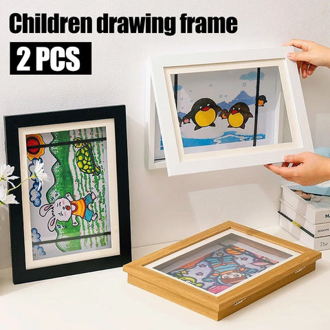 2pcs Children Drawing Frame Magnetic Front Open Wooden KIDS Art Frame Poster Photo Paintings Pictures Display Wall Picture Frame