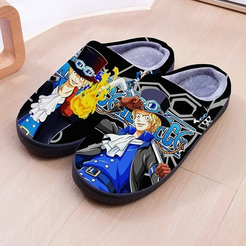 ONE PIECE Cartoon Warm Plush Cosplay Slippers Couple's Indoor Non-slip House Slides Men And Women Toe Wrap Home Cotton Shoes