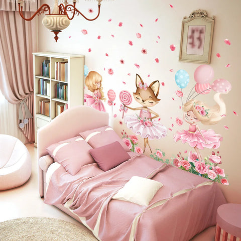 3pcs Pink Cartoon Animal Fox Wall Stickers Kids Room Girl Bedroom Background Decorative Wall Sticker Wallpapers Home Decor Ms556