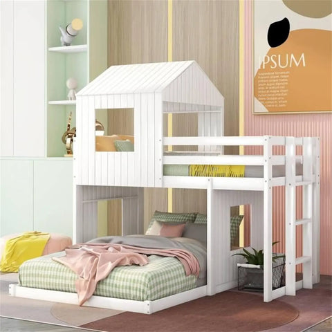 Designs House Bunk Beds, Twin Over Full Bunk Bed Wood Playhouse Low Bed Frame for Kids Toddlers Girls/