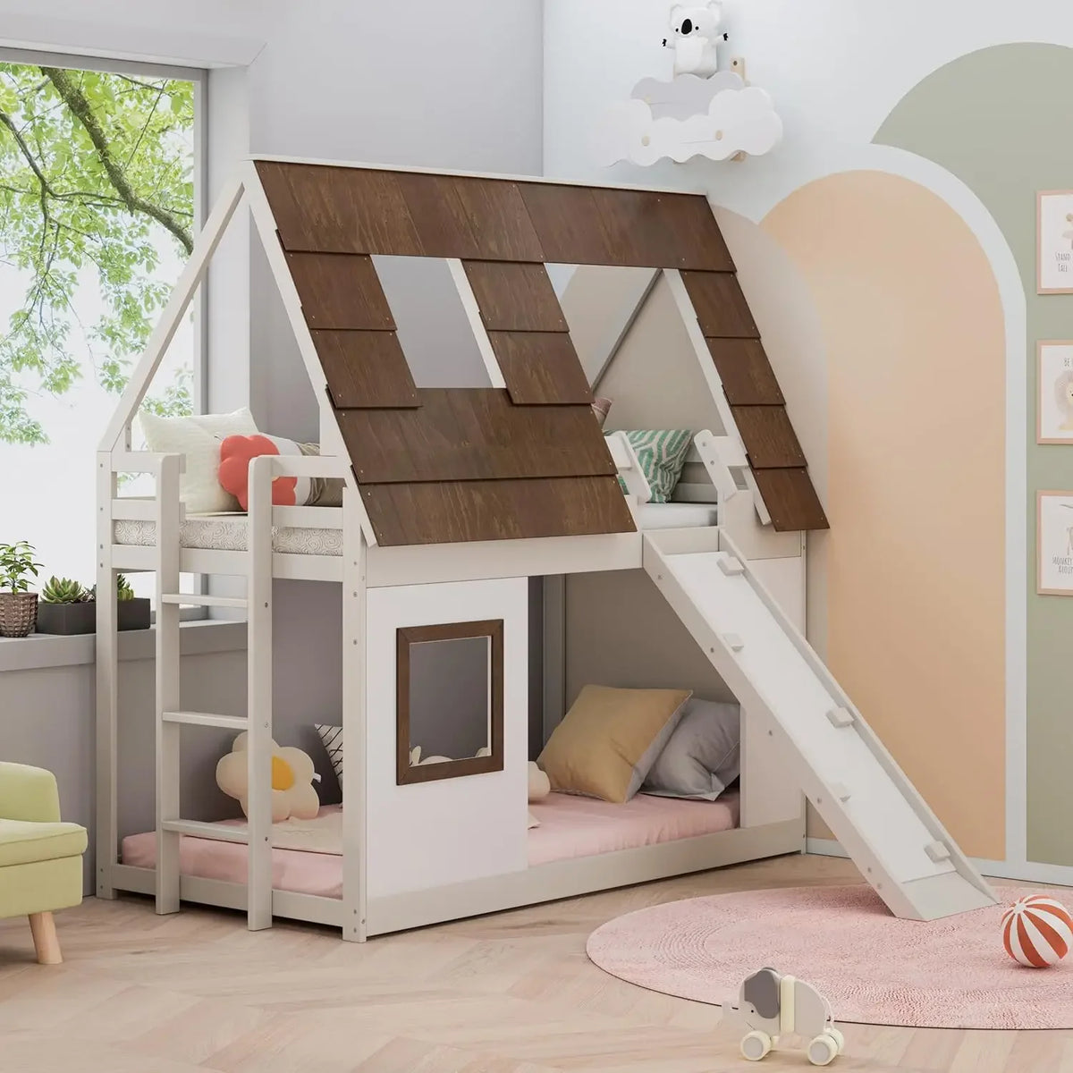 Twin Over Twin House Bunk Bed with Roof and Window Wood Low Bunk Bed with Slide and Built-in Ladder Kids Bunk Bed Frame