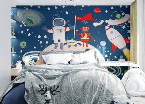 Custom 3D Wallpaper Mural Astronaut Cartoon Kids Room Background Earth Universe Pintado De Pared - Personalized Wall Art