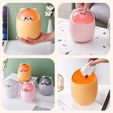 Ins Style Creative Cute Home Desktop with Lid Trash Can Small Mini Kawaii Bedroom Desk Storage Box Pen Holder Give A Sticker