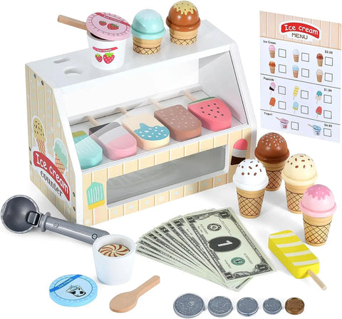 Wooden Ice Cream Counter Playset for Toddler Toys,  Montessori Pretend Play Food Toys Kitchen Accessories