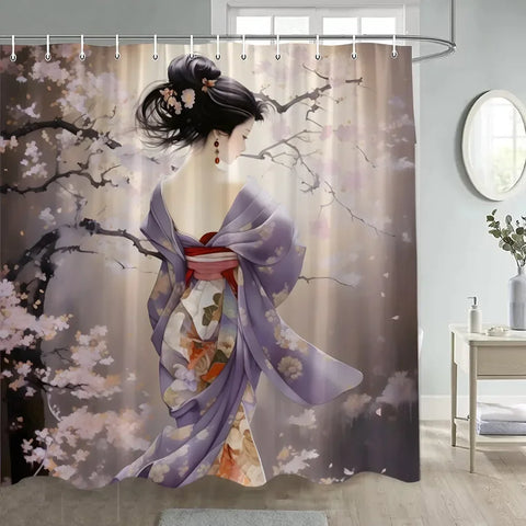 Japanese Style Flowers Bird Shower Curtain Abstract Mountain Red Floral Plant Ink Art Landscape Fabric Decor Bathroom Curtains