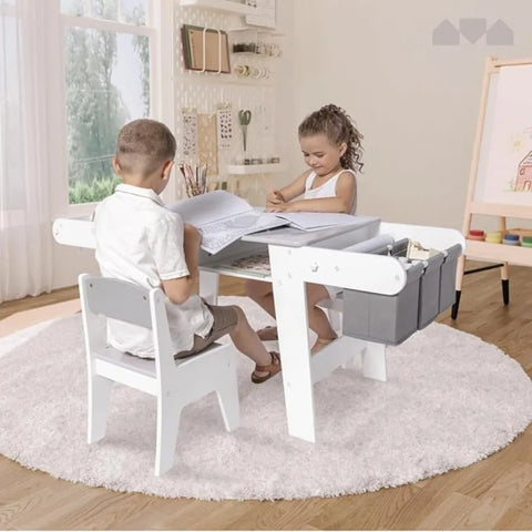 Kids Art Table Set with Chairs for Playroom, Toddler Craft and Play Wood Activity Table with Storage Bins and Paper Roll