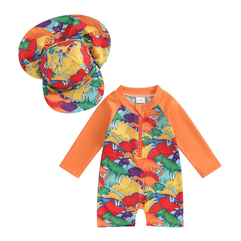 Toddler Girls Boys Beach Wear Kids Swimwear Summer Long Sleeve Floral/Tropical Print Zip Up Bathing Suits with Hat For Swimsuit