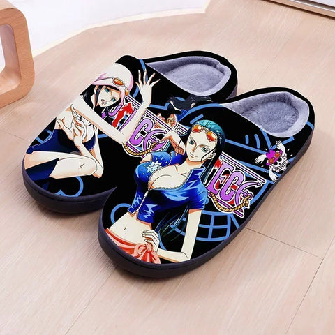 ONE PIECE Cartoon Warm Plush Cosplay Slippers Couple's Indoor Non-slip House Slides Men And Women Toe Wrap Home Cotton Shoes