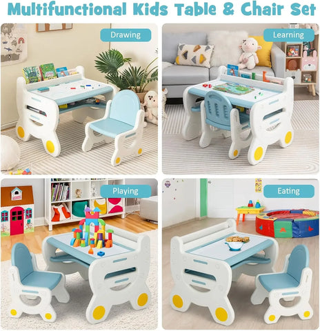Kids Table and Chair Set, Plastic Activity Table with Watercolor Pens, Blackboard Eraser & Storage Shelf for Drawing, Reading