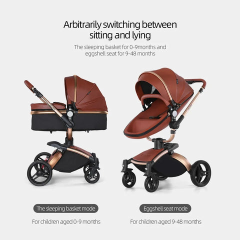 3-in-1 Luxury High-view Baby Stroller with Car Seat Foldable Newborn Baby Stroller PU Leather Two-way Baby Stroller