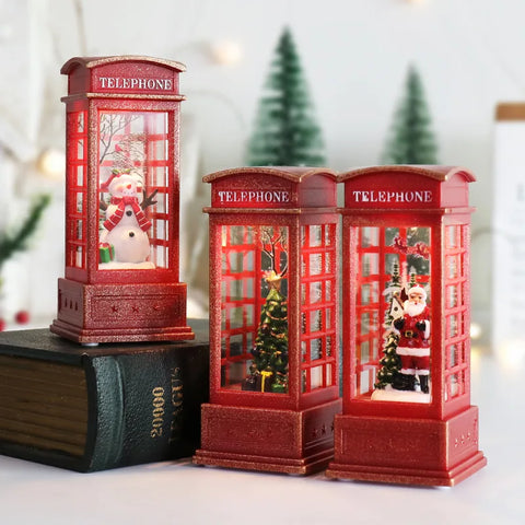 Christmas Themed Snow Globe LED Light-Up, Maroon Phone Booth with Santa, Decorative Christmas Themed Light, 1Pc