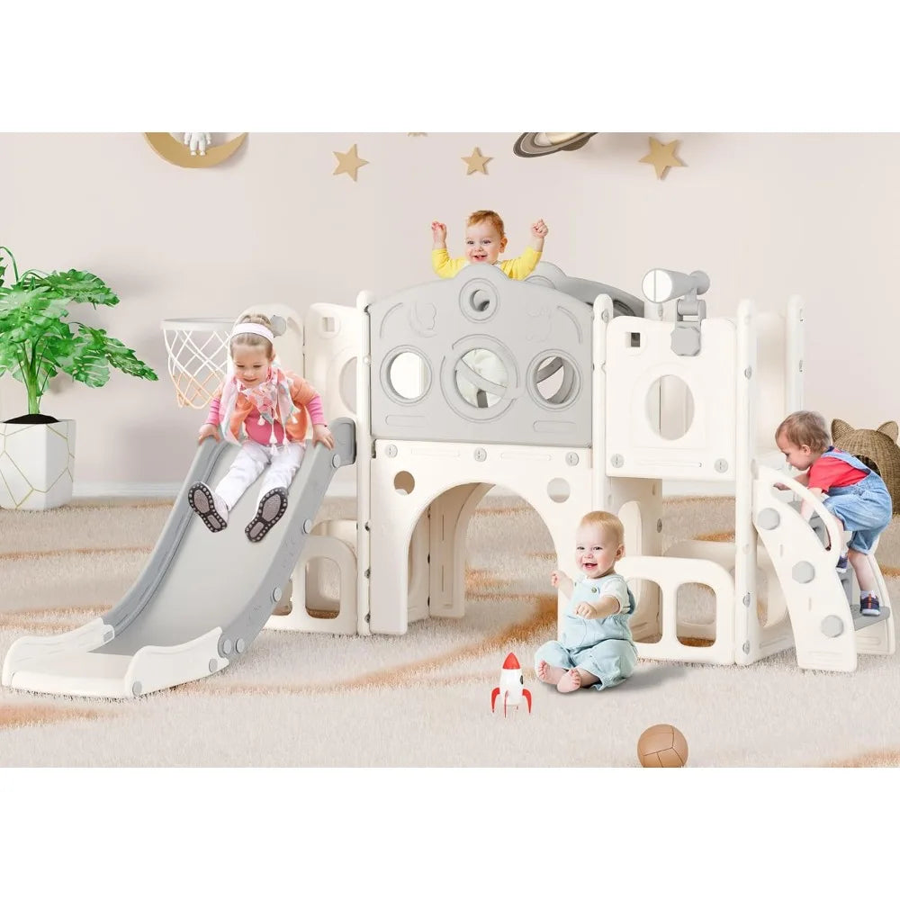 Toddler Slide Set,  8in1 Kids Slide with Climber, Indoor Outdoor Slide Toddlers, Toddler Playset with Basketball Hoop and Tunnel