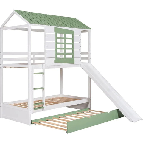 House Bunk Bed with Slide and Trundle, Wood Playhouse Bunk Bed Frames with Convertible Slide and Ladder Children Beds Furniture