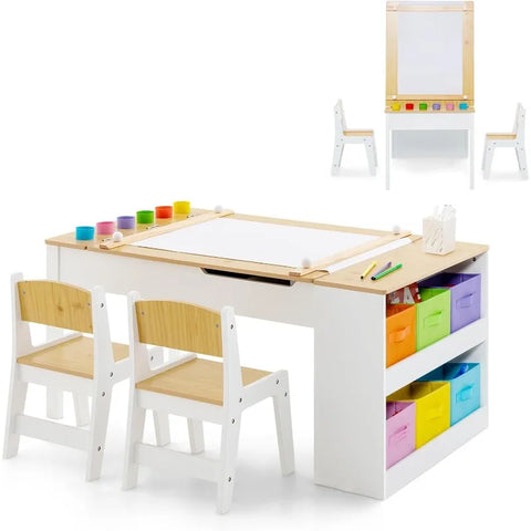 2 in 1 Kids Art Table and Chair Set, Toddler Craft Play Wood Activity Desk with 2 Chairs Storage Canvas Bins Paper Roll