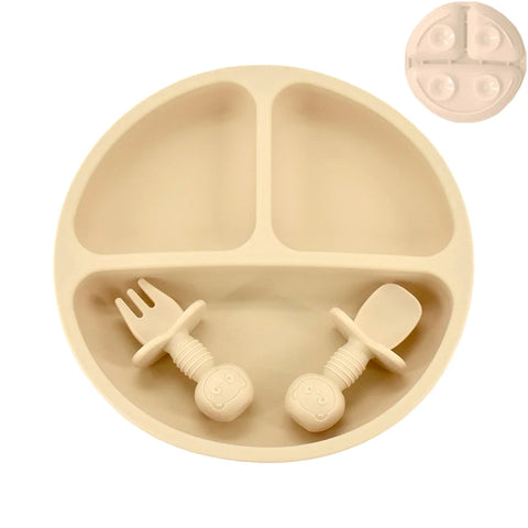 4Pcs/Set Baby Safe Silicone Dining Plate Solid Cute Cartoon Children Dishes Smile Face Baby Tableware Set Retro Kids Plate