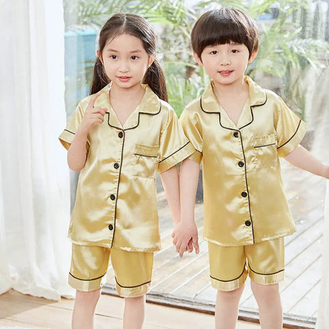 Summer Short Sleeve Satin Pajamas Silk Fabric Girls Sleepwear Boys Nightwear Solid Children's Pajama Sets Pyjamas Boy Baby Wear