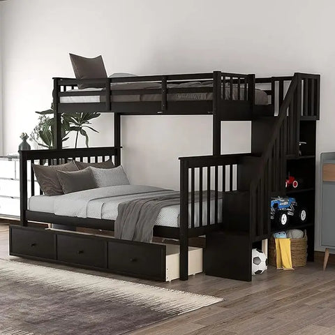 Twin Over Full Bunk Bed with Stairs and Storage Drawers, Hardwood Stairway Bunk Bed Frame for Kids Teens Adults, Bedroom, Dorm