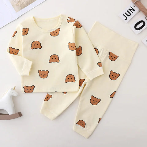 0-3Y High Waist Unisex Baby Pajama Suit Toddler Boys Cute Bear Sleep Wear Infant Pajama Girls Cartoon Print Night Wear