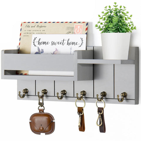 Decorative Key Rack and Mail Organizer with 6 Key Hooks Rustic Wood Key Holder Wall Mounted with Shelf for Living Room Enterway