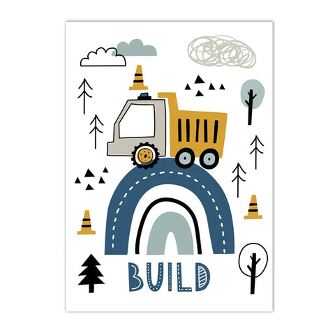 Cartoon Crane Excavator Tractor Truck Wall Art Canvas Painting Nursery Print Child Poster Nordic Wall Pictures Boys Room Decor