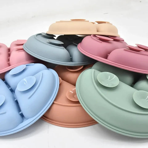 Silicone Baby Sucker Silicone Dining Plate Rice Spoon Set Cute Cartoon Children Dishes Smile Face Baby Tableware Retro Kid Bowl