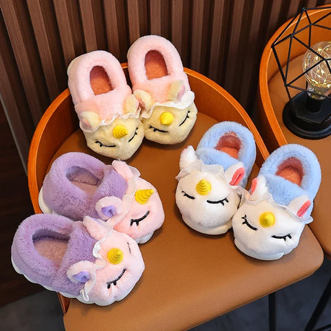 Winter Wrap Heels Kids Plush Slippers Cartoon Unicorn Children's Indoor Flip Flops Non-Slip Girls Boys Warm House Cotton Shoes