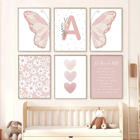 Pink Butterfly Wall Art Nursery Canvas Prints Painting Sun Rainbow Daisy Heart Posters Kawaii Pictures for Kids Girl Room Decor