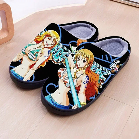 ONE PIECE Cartoon Warm Plush Cosplay Slippers Couple's Indoor Non-slip House Slides Men And Women Toe Wrap Home Cotton Shoes