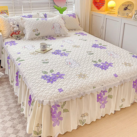 Bonenjoy Bed Skirt Cartoon Style Bed Cover Ruffled Bedsheet falda de cama Quilted Mattress Covers Lace Bedspread (No Pillowcase)