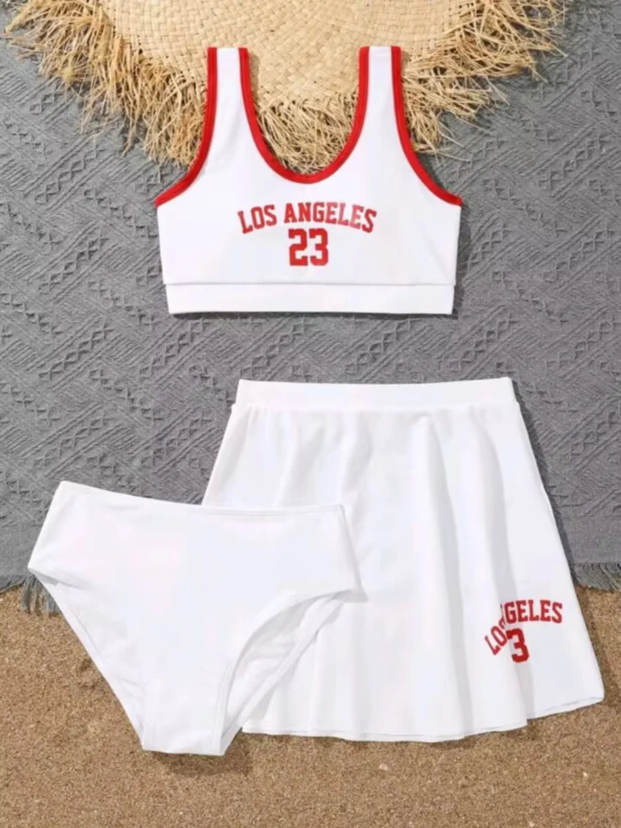 3 Pieces Bikinis With Skirt 2023 Girls Swimsuit Red Kids Swimwear Female Children's Bathers Bathing Swimming Swim Suit Beachwear