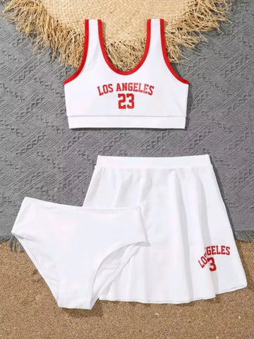 3 Pieces Bikinis With Skirt 2023 Girls Swimsuit Red Kids Swimwear Female Children's Bathers Bathing Swimming Swim Suit Beachwear