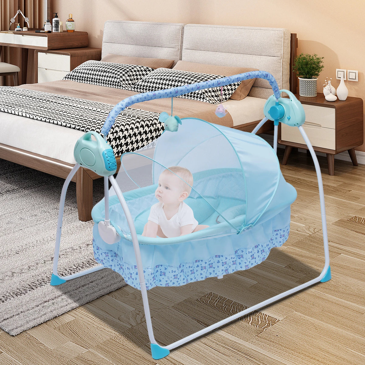 Electric Baby Cradle Swing, Foldable Bluetooth Baby Crib Cradle with Remote Control & Music, Auto-Swing Cradle Crib