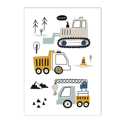 Cartoon Crane Excavator Tractor Truck Wall Art Canvas Painting Nursery Print Child Poster Nordic Wall Pictures Boys Room Decor