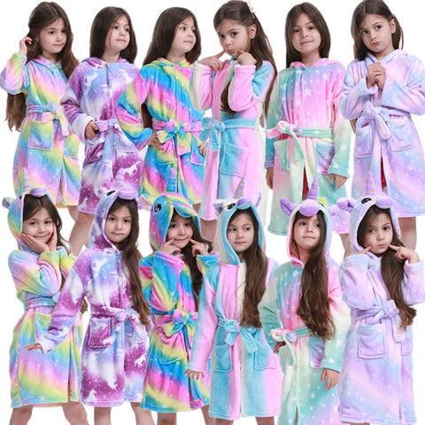 Boys Girls Hooded Bathrobe Toddler Unicorn Anime Cartoon Towel Beach Children's Sleepwear Baby Kids Bath Robes Pyjamas Nightgown