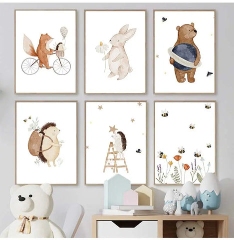 Boho Cartoon Canvas Painting, Fox, Rabbit, Bee, Bear, Hedgehog, Flower Posters, Art Prints, Wall Photos, Baby, Kids Room