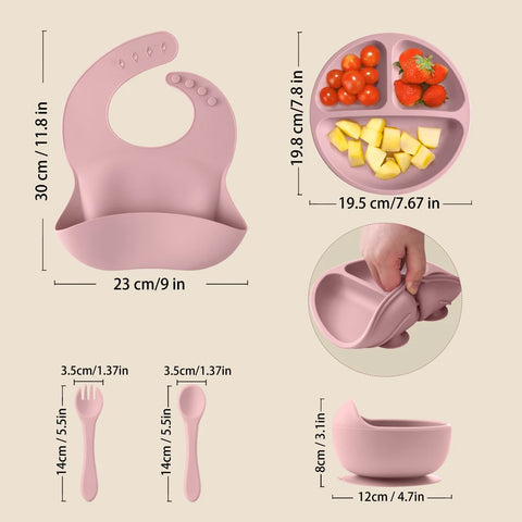 5Pcs Baby Silicone Feeding Set Round Dining Plate Sucker Bowl Dishes For Kids Waterproof Bib Children's Tableware Straw Cup