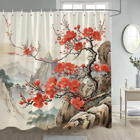 Japanese Style Flowers Bird Shower Curtain Abstract Mountain Red Floral Plant Ink Art Landscape Fabric Decor Bathroom Curtains