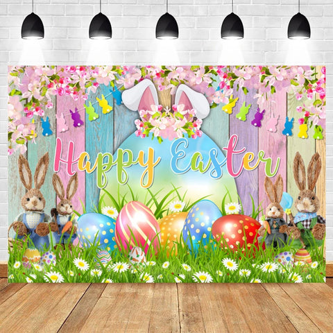 Happy Easter Backdrop for Photography Spring Easter Rabbits Colorful Eggs Forest Flower Fence Background Photo Studio Props