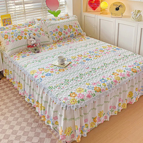 Bonenjoy Bed Skirt Cartoon Style Bed Cover Ruffled Bedsheet falda de cama Quilted Mattress Covers Lace Bedspread (No Pillowcase)