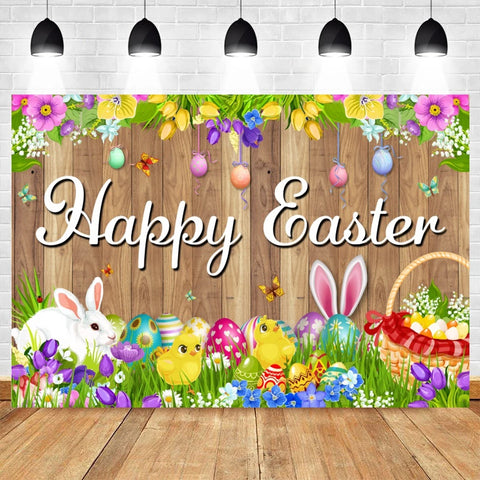 Happy Easter Backdrop for Photography Spring Easter Rabbits Colorful Eggs Forest Flower Fence Background Photo Studio Props